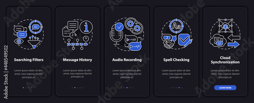 Best messaging feature dark onboarding mobile app page screen. Chat history walkthrough 5 steps graphic instructions with concepts. UI, UX, GUI vector template with linear night mode illustrations