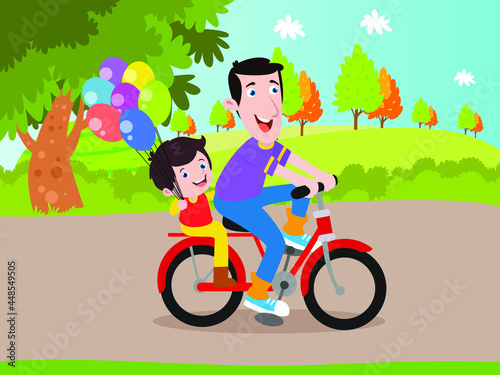 Happy father and son riding a bike cute 2d cartoon vector concept for banner, website, illustration, landing page, flyer, etc.
