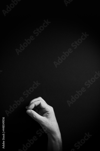 B&W image of hand demonstrating ASL sign language letter O with empty copy space