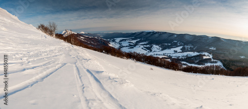 Bieszczady in winter seen from the top of Polonina Wetlinska, the Bieszczady Mountains, the Carpathians photo