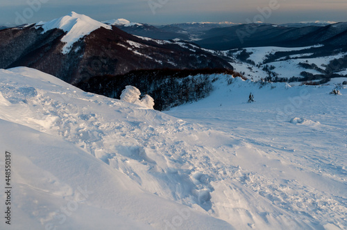 Bieszczady in winter seen from the top of Polonina Wetlinska, the Bieszczady Mountains, the Carpathians photo