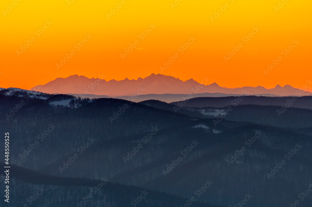 The Tatra Mountains seen from the top of Polonina Wetlinska during temperature inversion, the Bieszczady Mountains, the Carpathians