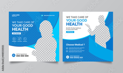 Modern Medical promotion square web banner for social media post template. Elegant Healthcare promo backgrounds.
