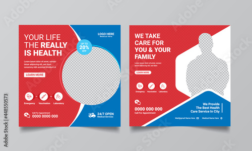 Modern Medical promotion square web banner for social media post template. Elegant Healthcare promo backgrounds.
