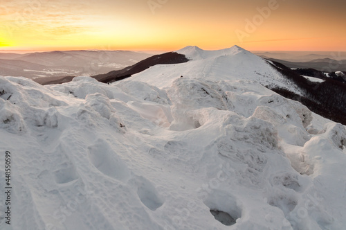 
Sunset photographed from the top of Polonina Wetlinska in winter, Bieszczady Mountains, Carpathians photo