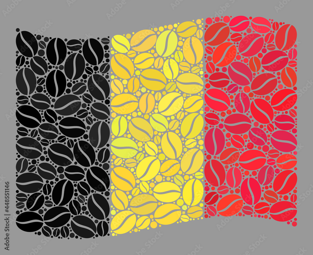 Mosaic waving Belgium flag is created with cocoa grain elements. Vector coffee collage waving Belgium flag created for coffeeshop applications.
