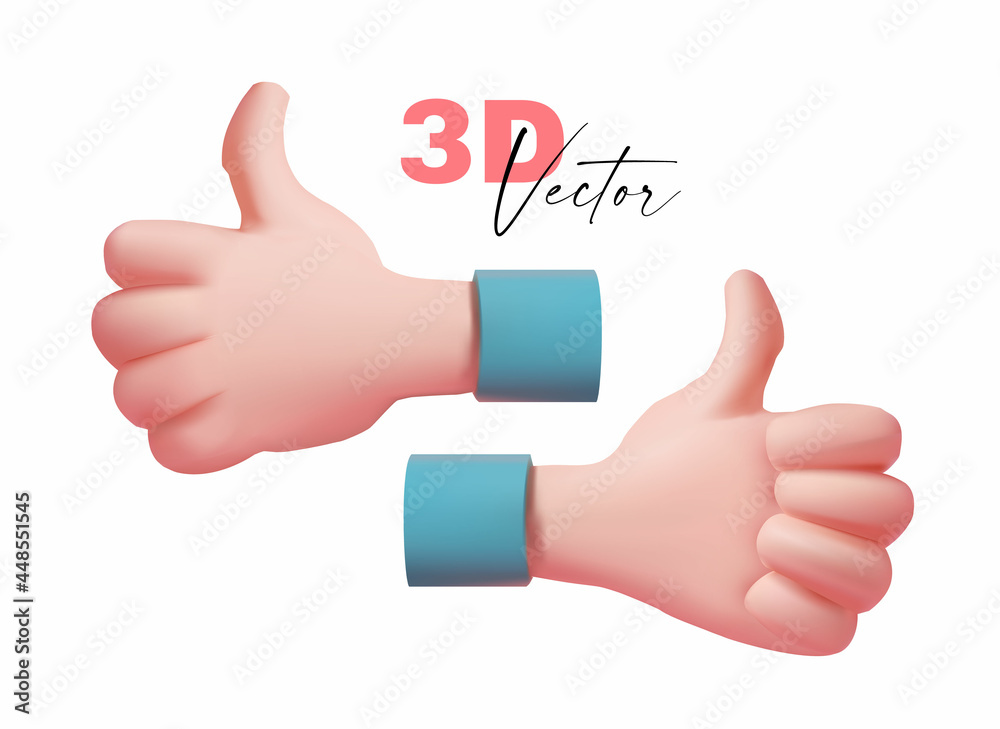 Thumbs up hand. 3D render. Confirm cartoon sign on white background. Thumbs up hand. 3D render. Confirm cartoon sign on white background.