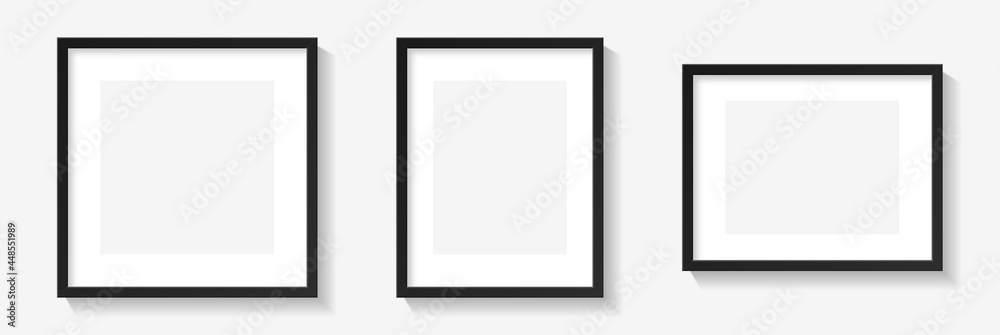 Realistic picture frame mockup black border set. Isolated Black pictures frames mock-up. Home decoration, photography presentation, blank frame mockups. Vector illustration. - obrazy, fototapety, plakaty 