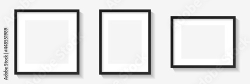 Realistic picture frame mockup black border set. Isolated Black pictures frames mock-up. Home decoration, photography presentation, blank frame mockups. Vector illustration.