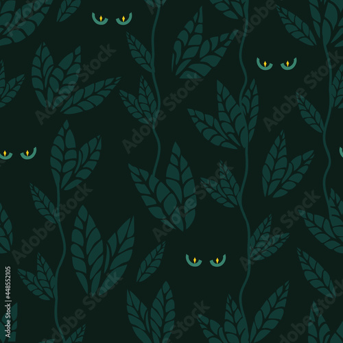 Seamless vector pattern with night forest animal on black background. Simple looking eye wallpaper design. Decorative dark floral fashion textile.