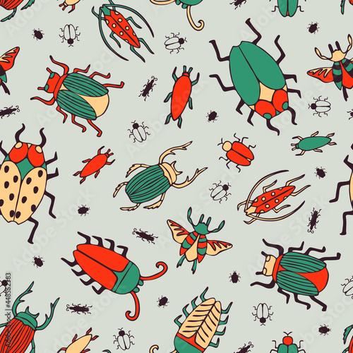 Seamless vector pattern with busy bugs on grey background. Simple happy summer insects wallpaper design. Decorative beetle fashion textile.