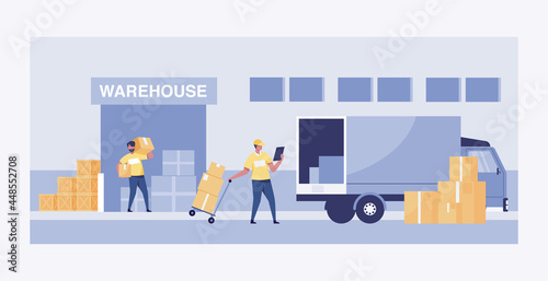 Large warehouse with transport vehicles big truck. vector illustration