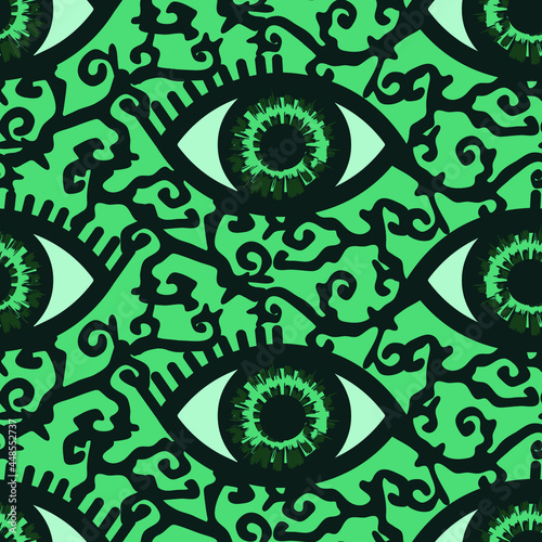 Seamless vector pattern with eyes on green background. Scary nightmare wallpaper design. Decorative spiritual fashion textile.