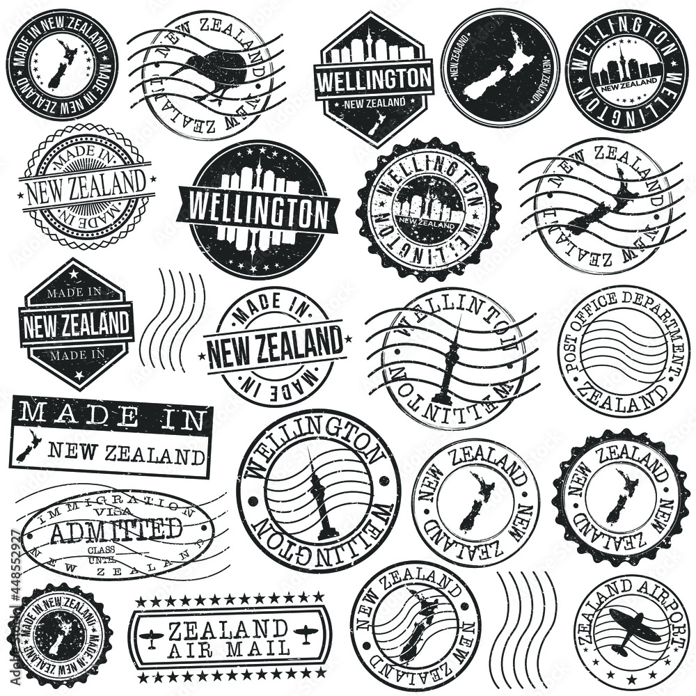 Wellington, New Zealand Set of Stamp. Vector Art Postal Passport Travel Design. Travel and Business Seals. Wellington, New Zealand Set of Stamp. Vector Art Postal Passport Travel Design. Travel and Business Seals.