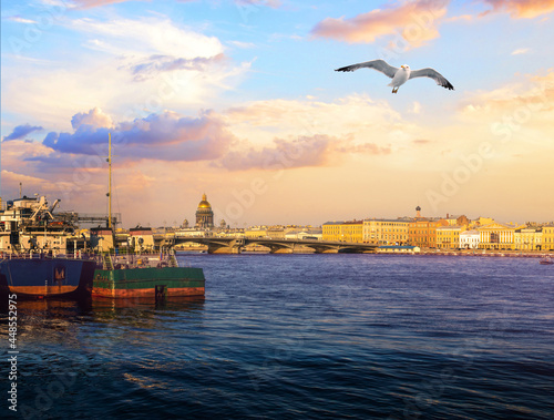 View river, panorama of the summer sunset St. Petersburg. Russia. Blagoveshchensky Bridge, Neva River, English Embankment, Sphinxes of the Academy of Arts, Vasilievsky Island.