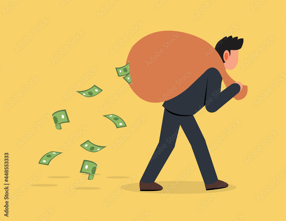 Business man running carrying big sack full of cash money falling from it. investment risk or fraud Business man running carrying big sack full of cash money falling from it. investment risk or fraud