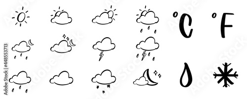 Weather icons in sketch. Forecast symbol in doodle. Cloud and sun icon. Rain and snow symbol. Temperature sign in doodle. Vector EPS 10