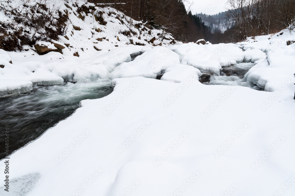 Rocks of the Wetlinka River in the Sine Wiry Nature Reserve, winter, Bieszczady Mountains, Carpathians