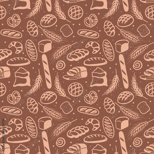 Wallpaper Mural Seamless pattern with different bread elements, wheat and flour. Vector illustration in hand-drawn doodle style Torontodigital.ca