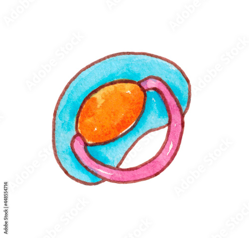 Baby pacifier, isolated on a white background. An item for newborns. The illustration is hand-drawn in watercolor.
