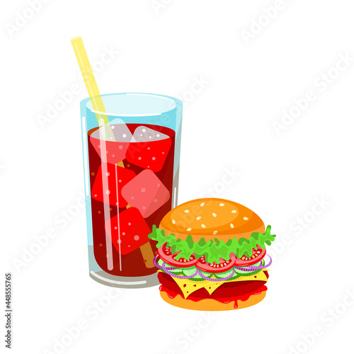Ice soda and burger sandwich fast food isolated on white background. Vector stock illustration. 