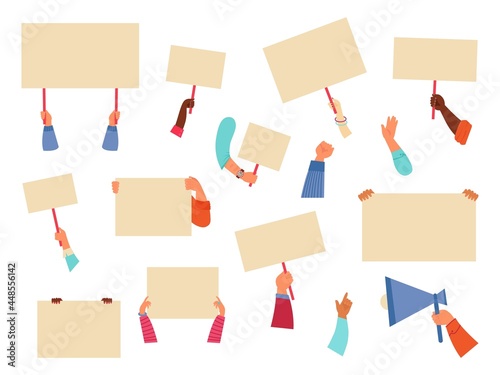 Hands hold placards. Hand sign, worker with blank protest banner. Peace symbol, arm holding megaphone. Flat demonstration decent vector posters