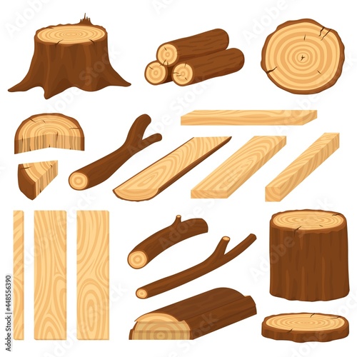 Cartoon wood logs. Material wooden timber, cracks tree log. Stump and trunk, cracked surface. Vintage isolated plank pile piece recent vector set