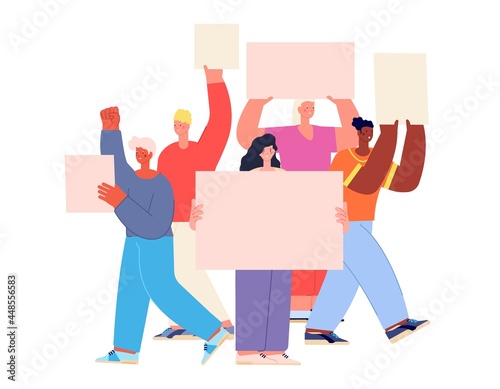 Group with placards. Protest companies, diverse corporate people holding blank banners. Demonstration crowd, employee activist utter vector scene