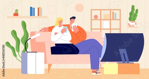Couple at home together. People relax in apartment on sofa, boy hugging girl. Woman man drink tea in living room and watch tv utter vector scene