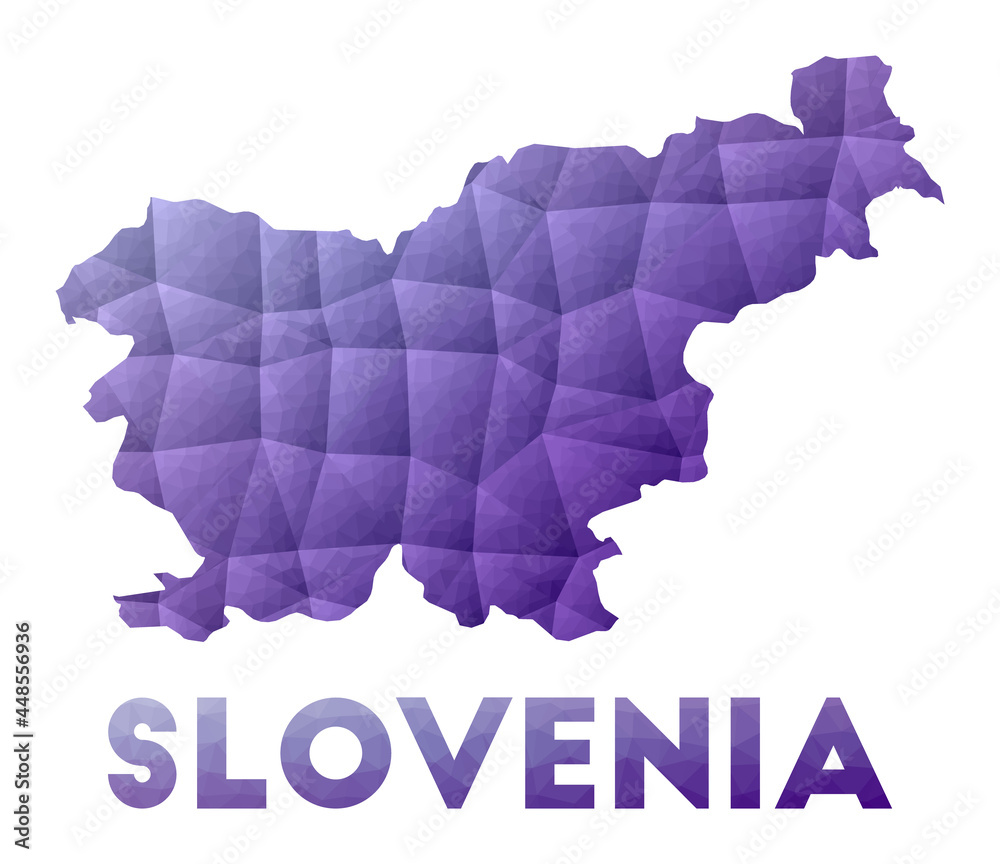 Map of Slovenia. Low poly illustration of the country. Purple geometric design. Polygonal vector illustration.