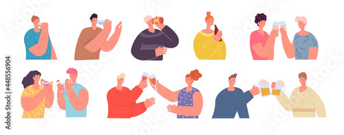 Friends clinking glasses. People holding drink, cheers beer or wine glass. Drinking party, flat teens celebrate birthday utter vector characters