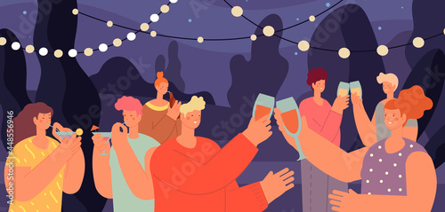 Drinking party. Young people in garden, woman drinking with friends in park. Outdoor food festival with wine, students night picnic utter vector scene