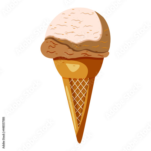 Caramel coffee butterscotch gelato in waffle cone. Sundae, ice cream, frozen yogurt, fro-yo. Vector illustration