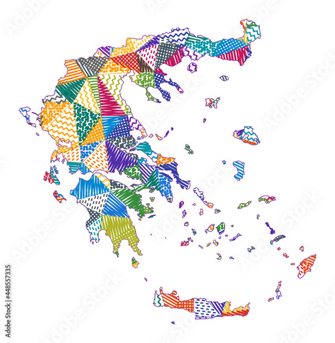 Kid style map of Greece. Hand drawn polygons in the shape of Greece. Vector illustration.