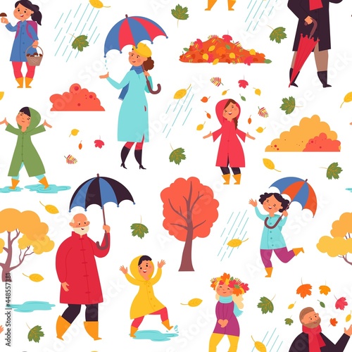 Autumn people walking pattern. Adult standing with umbrella, children jumping in leaves. City fall season walk decent vector seamless texture
