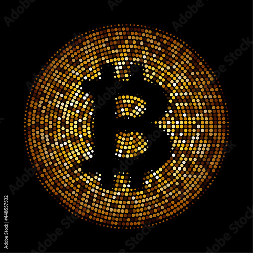 Golden halftone crypto bitcoin sign.