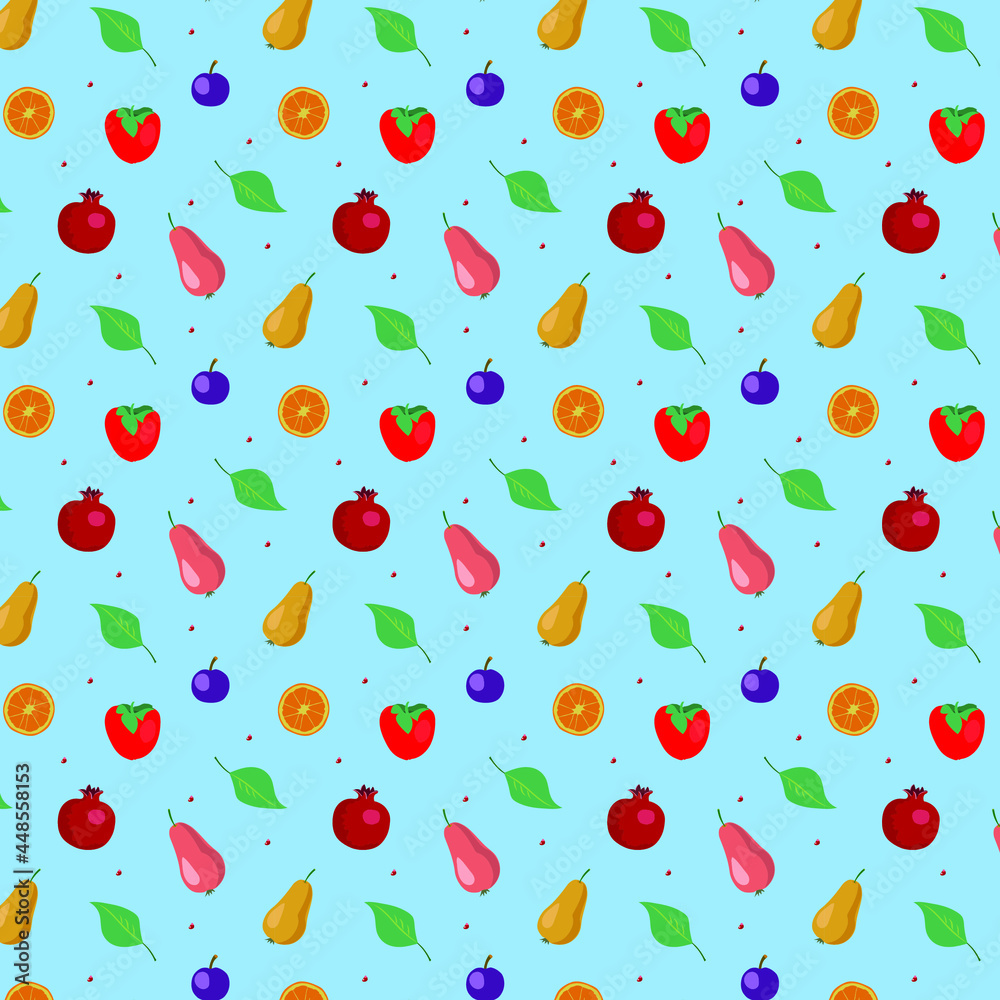 Pattern with pear, pomegranate, persimmon, plum and lemon slice