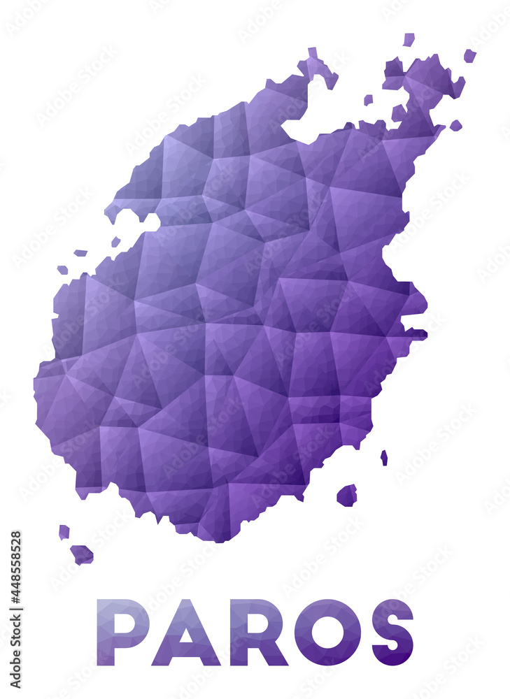 Map of Paros. Low poly illustration of the island. Purple geometric design. Polygonal vector illustration.