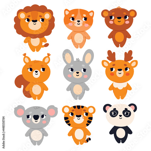 A set of cute animals in a simple modern style. Lion, tiger, deer, squirrel and others. Forest and jungle animals