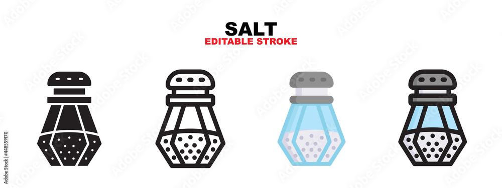 Outline, glyph black, flat color and filled line color, icon symbol set, Salt concept, Isolated vector design, editable stroke Outline, glyph black, flat color and filled line color, icon symbol set, Salt concept, Isolated vector design, editable stroke