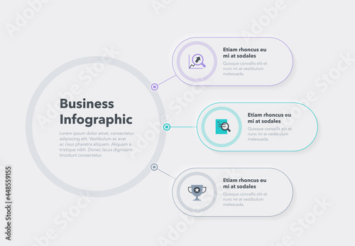Simple concept for business diagram with three colourful steps and place for your description. Flat infographic design template for website or presentation.