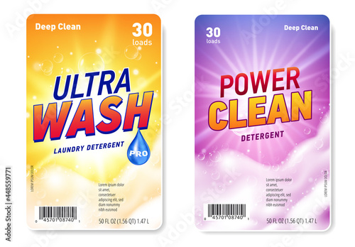 Set of Design templates of label for laundry detergent with realistic soap foam and sun flare light.
