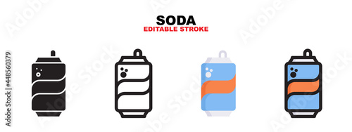 Outline, glyph black, flat color and filled line color, icon symbol set, soda concept, Isolated vector design, editable stroke