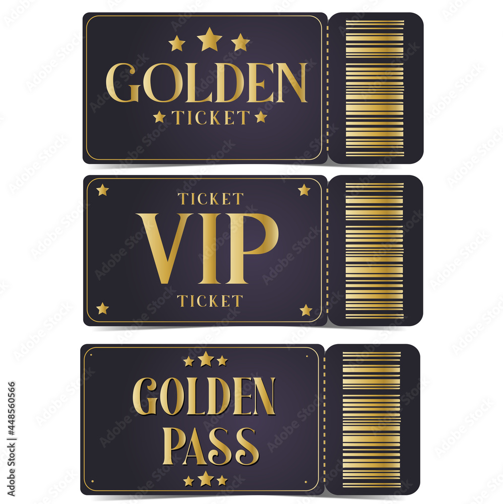 Golden ticket set, VIP ticket, golden pass with barcode Stock Vector Adobe Stock