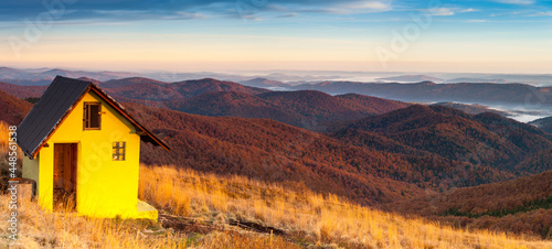 Fototapeta Naklejka Na Ścianę i Meble -  Sunrise seen from the summit of Połonina Wetlińska towards the Bieszczady peaks and the summit of Połonina Caryńska, the Bieszczady forest, the Bieszczady mountains, the Carpathians