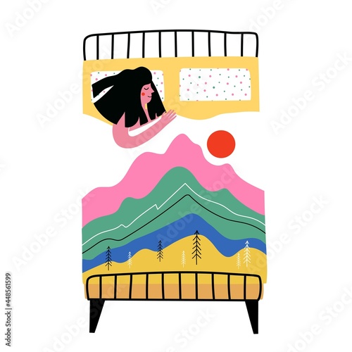 Vector illustration of young woman sleeping under blanket with print of nature landscape. Beautiful bed linen with mountains, interior poster for hotels and hostels, motivation to travel and hike in c