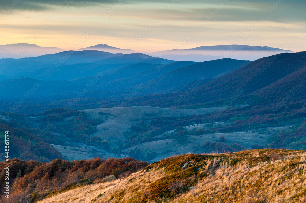 Sunrise seen from the summit of Połonina Wetlińska towards the Bieszczady peaks and the summit of Połonina Caryńska, the Bieszczady forest, the Bieszczady mountains, the Carpathians