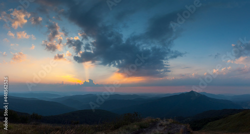 Sunrise seen from the summit of Po  onina Wetli  ska towards the Bieszczady peaks and the summit of Po  onina Cary  ska  the Bieszczady forest  the Bieszczady mountains  the Carpathians