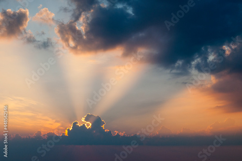 Morning clouds illuminated by the rays of the rising sun seen from the summit of Po  onina Wetli  ska  the Bieszczady Mountains  the Carpathians