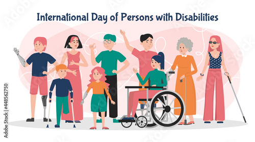 International day of persons with disabilities banner vector isolated. Handicapped people together. World day of disabled people. Lady in wheelchair, man with prosthetic arm and leg, blind woman.